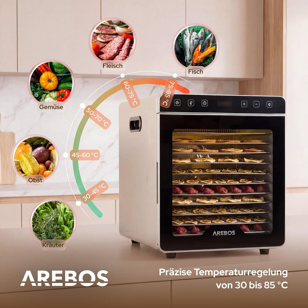 Arebos Dörrautomat Edelstahl 800W | Dehydrator mit 12 Gittern & 29L | Dörrgerät für Obst, Gemüse, Kr