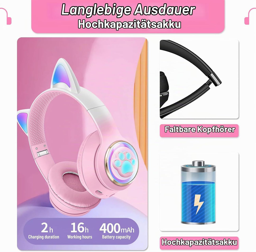 Katzenohr Kopfhörer Kindergeburtstag Geschenke Kind LED Katzenohren Farbgradient Kabellose Bluetooth