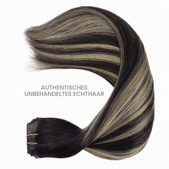 WENNALIFE Nahtlose Clip In Extensions Echthaar, 35cm 9pcs 130g Balayage Natürliches Schwarz bis Hell
