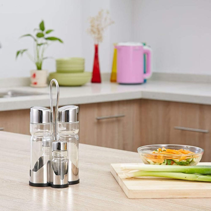 Essig und Öl Spender Set - 2 x 175 mL Glasflaschen und Metallhalterung mit Salz- und Pfefferstreuer