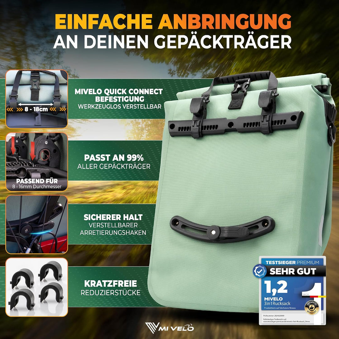 MIVELO 3in1 Fahrradtasche für Gepäckträger I Rucksack &amp; Gepäckträgertasche hinten - in 15 Sekunden u