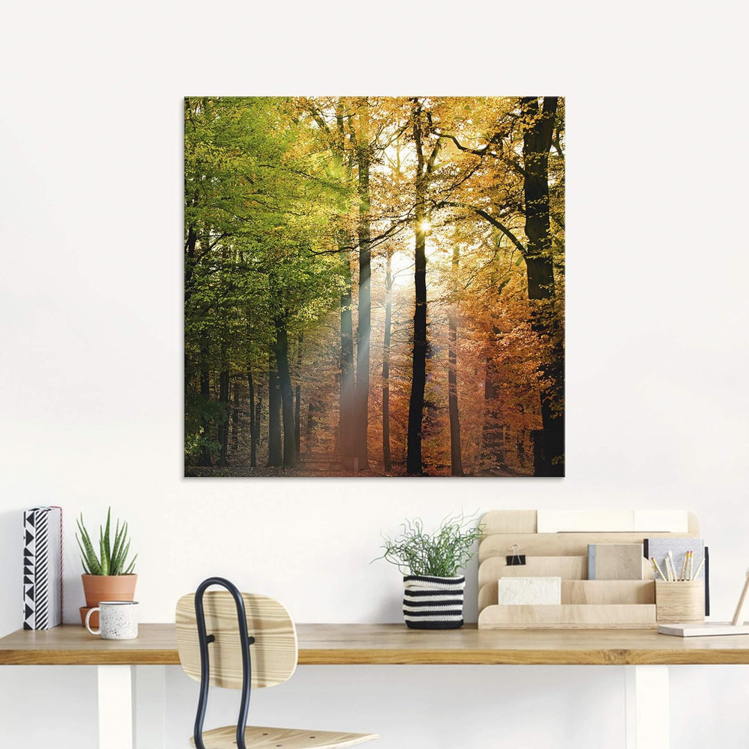 Glasbilder Wandbild Glas Bild einteilig 30x60 cm Hochformat Natur Landschaft Wald Herbst Sonne Bäume