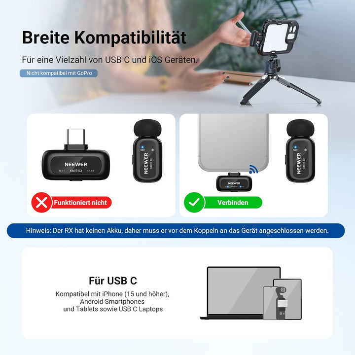 NEEWER KM19 drahtloses Lavalier Mikrofon, 48kHz/24 Bit, 30h Akkulaufzeit, 3 stufige Geräuschunterdrü