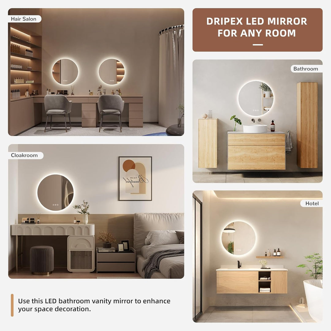 Dripex Badezimmerspiegel Led Badspiegel Rund, Touch-Schalter, Dimmbar, 3 Lichtfarbe Einstellbare Spi