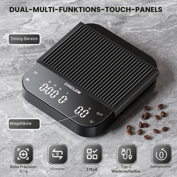 Wiederaufladbare Kaffeewaage mit Timer, 3 kg/0,1g Espresso Waage für Pour-Over Kaffee, 3 Modi &amp; 6 Ei