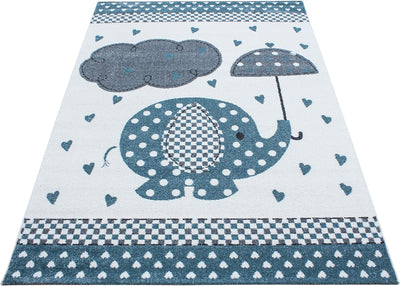 HomebyHome Kinderteppich Kurzflor Elefanten mit Regenschirm Design Kinderzimmer Babyzimmer Spielzimm