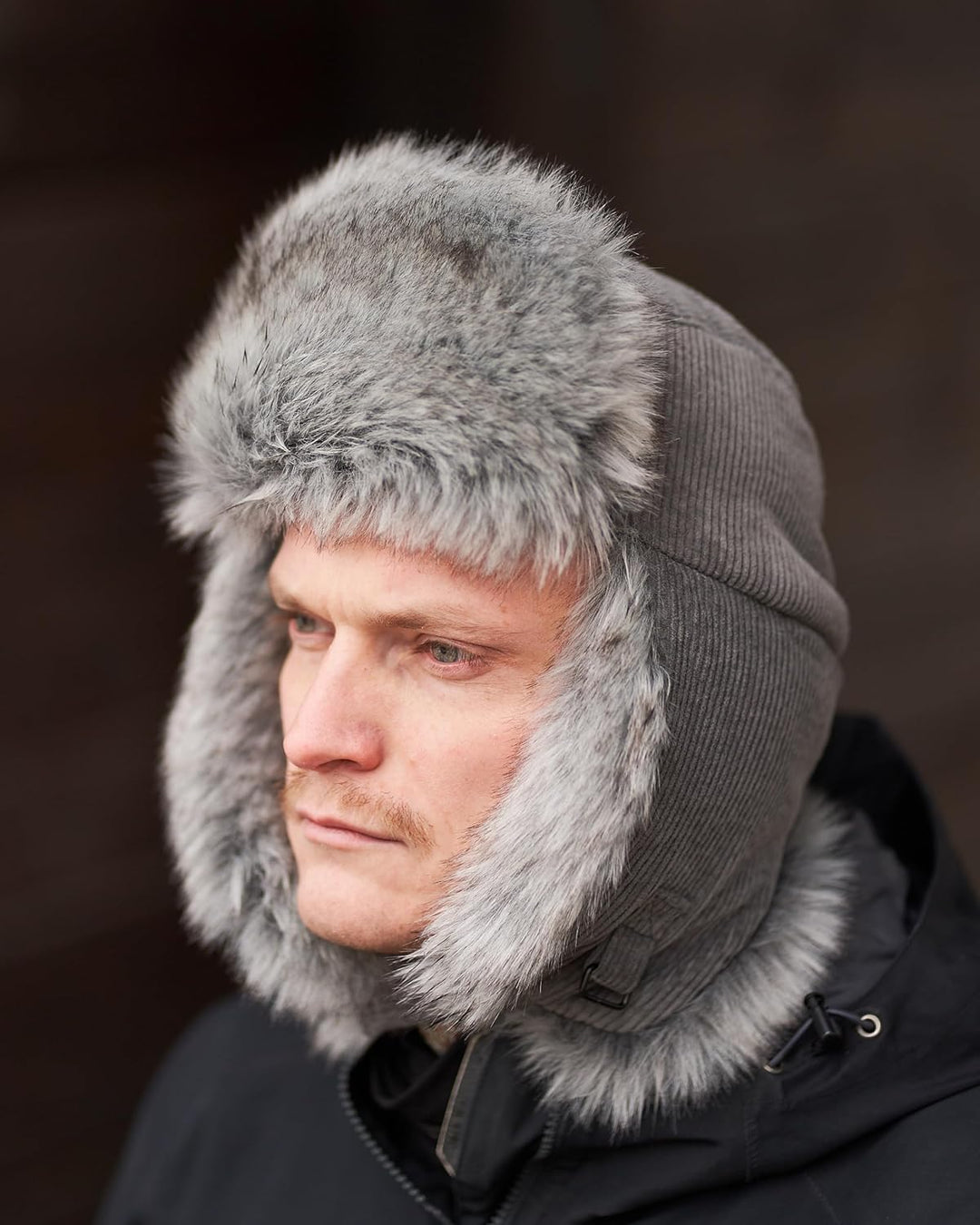 Futrzane Trappermütze aus Cord - Ushanka Herren - Fell Mütze mit Ohrenklappen S Grau - Silber Siberi