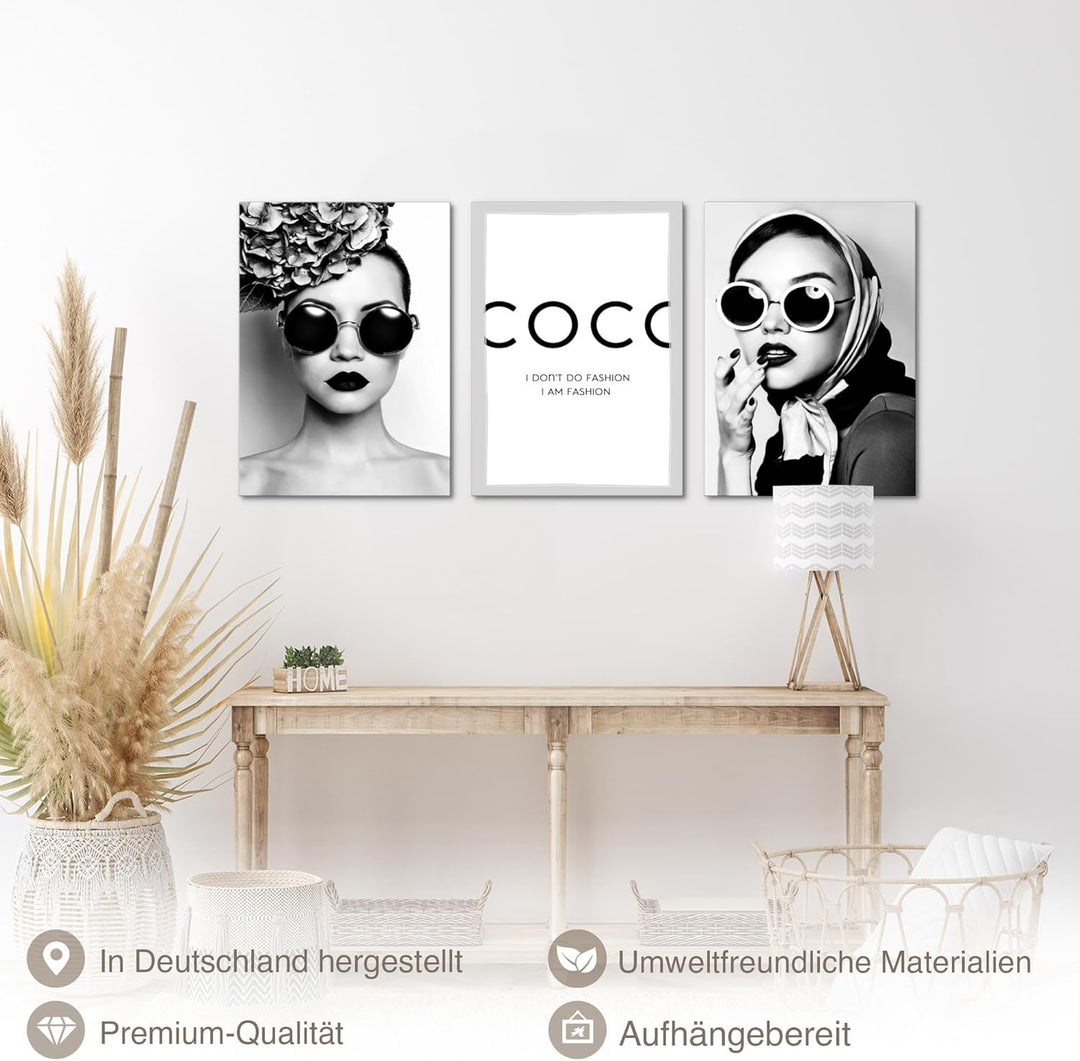 Novart Bilder Set Coco Fashion - Kein Extra Rahmen benötigt - Wandbilder für Wohnzimmer Mädchen Teen