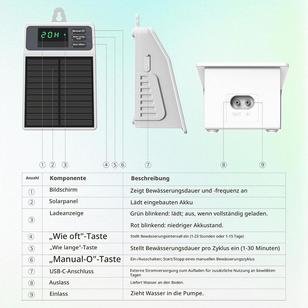 Solar Automatisches Bewässerungssystem für Pflanzen, IP65 Wasserdicht, Solarbetriebene Gartenbewässe