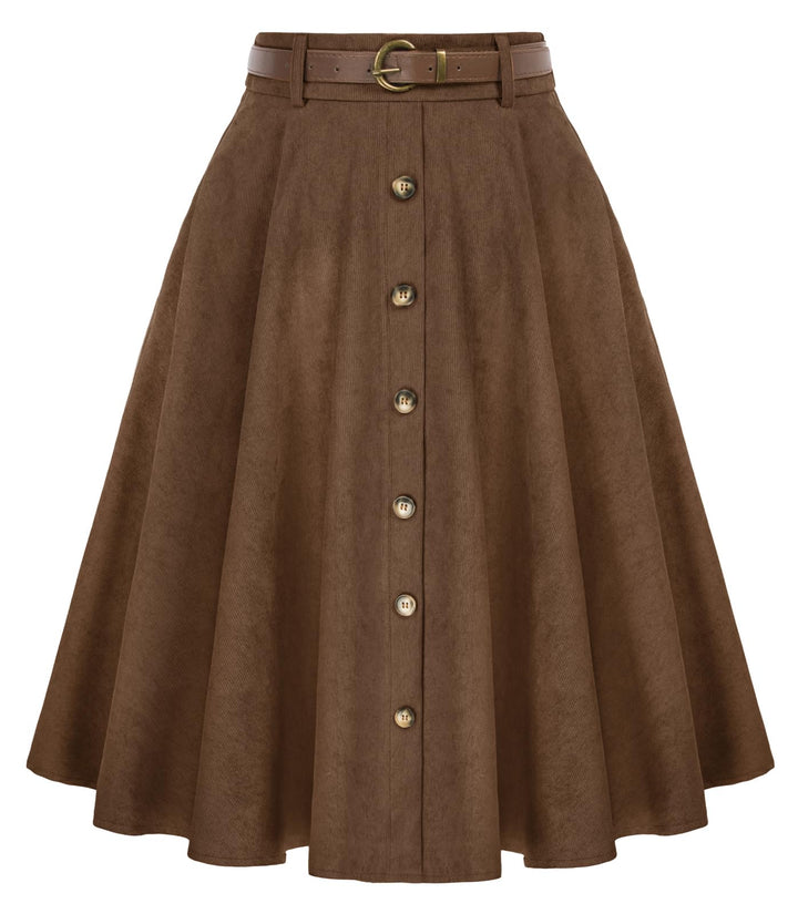 Belle Poque - Damenrock mit hoher Taille und Taschen, ausgestellt, A-Linie, Midi-Rock Dunkelbraun