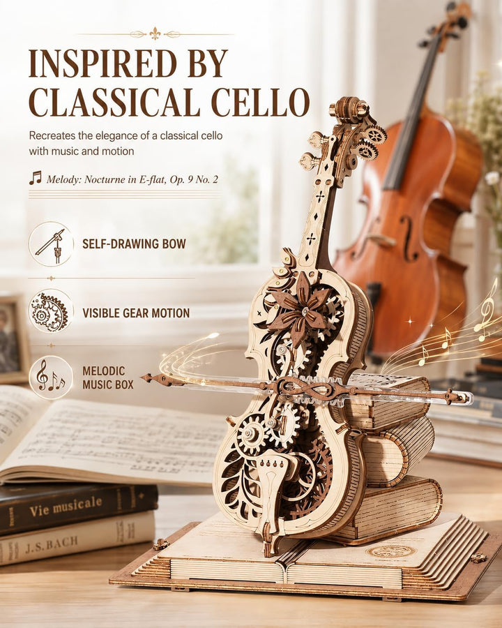 ROKR 3D Holz Puzzle Modellbausatz Spieluhr, DIY Holzpuzzle Magisches Cello Geschenke und Dekoration