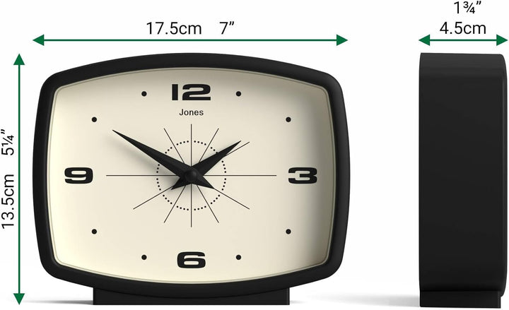 JONES CLOCKS® Schreibtischuhr 'Film' – rechteckiges Retro-Design in Schwarz, Cooler Look für Regal,