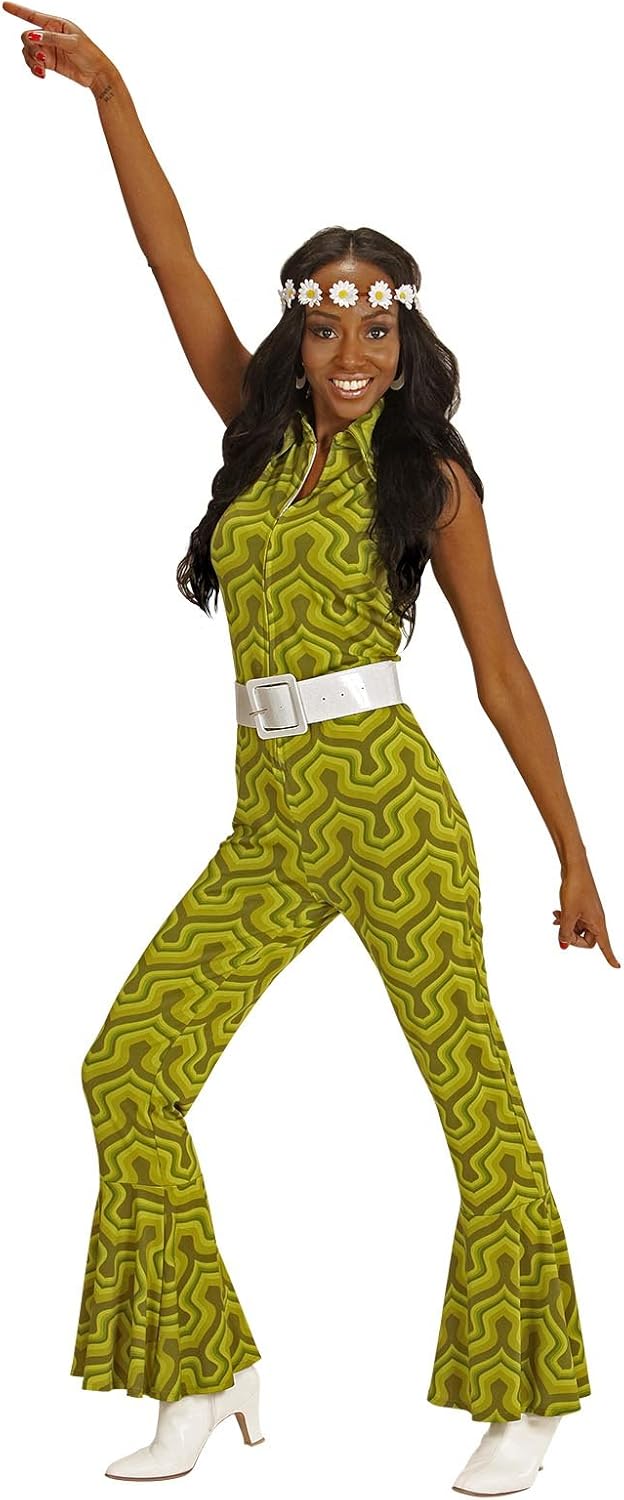 70er Jahre Retro JUMPSUIT mit Tapetenmuster Grün Disco Damen Kostüm Overall Siebziger Schlager 70's,