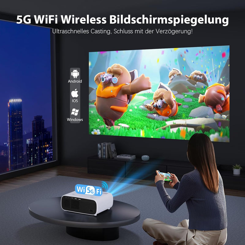 Wielio Beamer, Full HD 1080P Heimkino Beamer, Bluetooth und WiFi aktiviert, Eingebauter Sound, Kompa