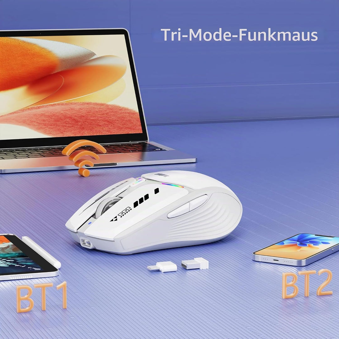 Uiosmuph G19 Bluetooth Maus, LED Bluetooth Funkmaus (Tri-Mode: BT 5.1/5.0+2.4G), Batteriestand sicht