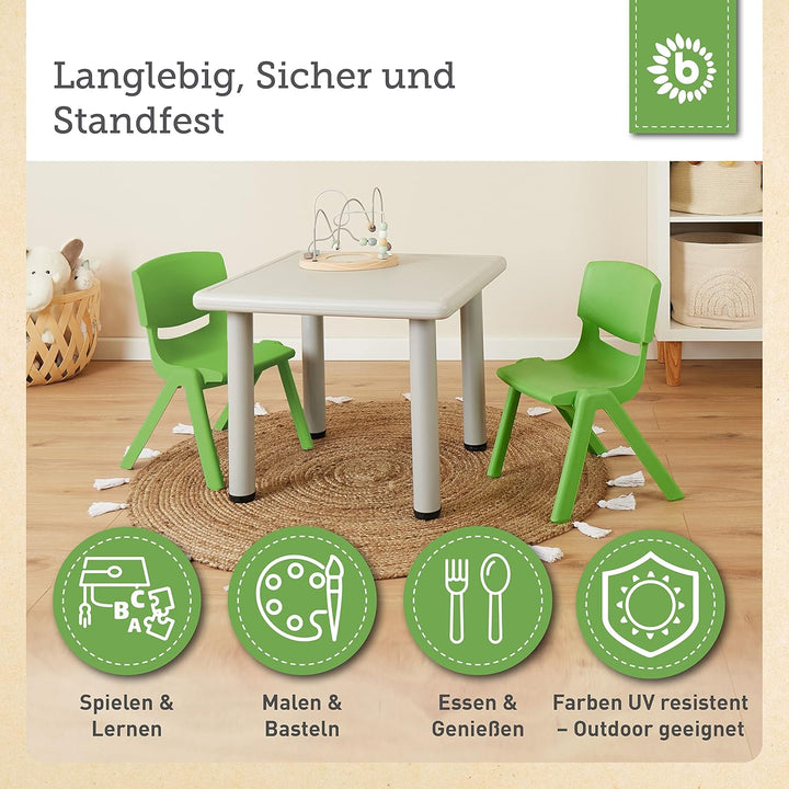 Bieco Kinder Tisch mit 2 Stühlen | Stapelbar & Kippsicher | Maltisch und Basteltisch Grün & Grün, Gr