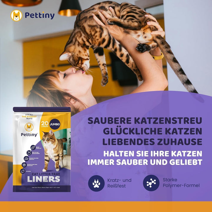 Pettiny Jumbo Katzentoilettenbeutel mit Zugbändern – 20er Pack Kratzfeste Tüten für Riesige Katzento