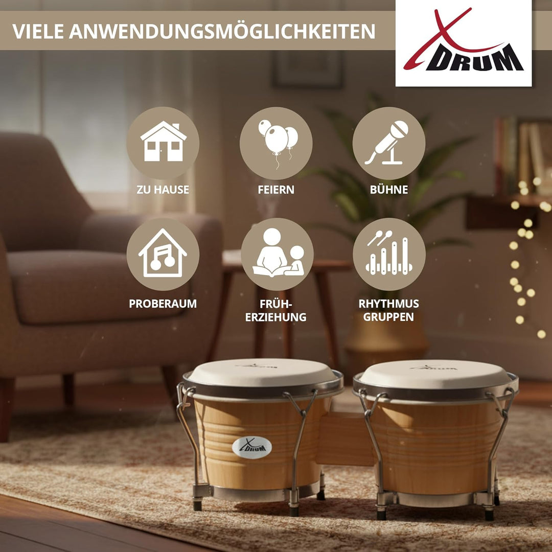 XDrum Bongos Pro Natur - 2 Trommeln mit 6,5" (17 cm) und 7,5" (20 cm) Durchmesser - Bongotrommeln mi