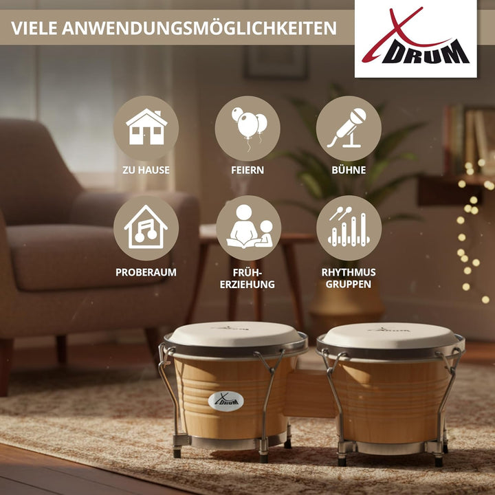 XDrum Bongos Pro Natur - 2 Trommeln mit 6,5" (17 cm) und 7,5" (20 cm) Durchmesser - Bongotrommeln mi