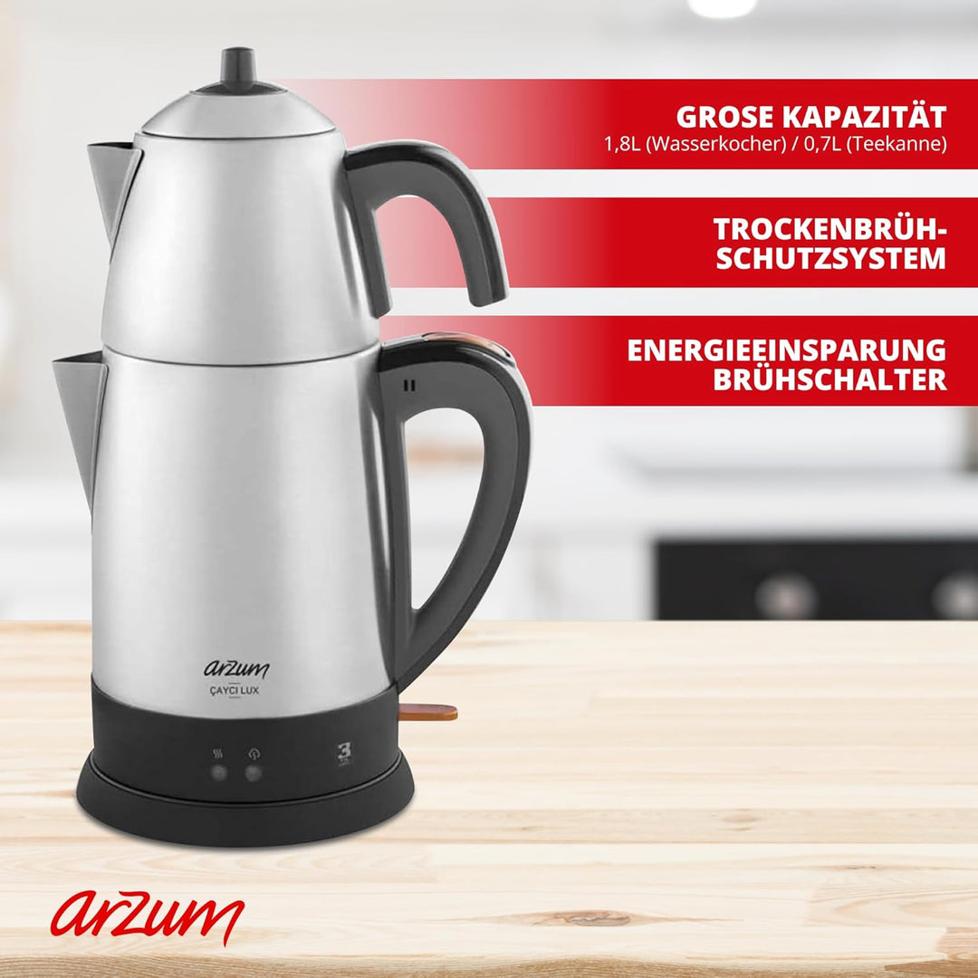 ARZUM Cayci Lux Inox Teemaschine, türkische Teekanne, Rostfreier Stahl, 0,7 lt Topfinhalt, 1,8 lt Ka