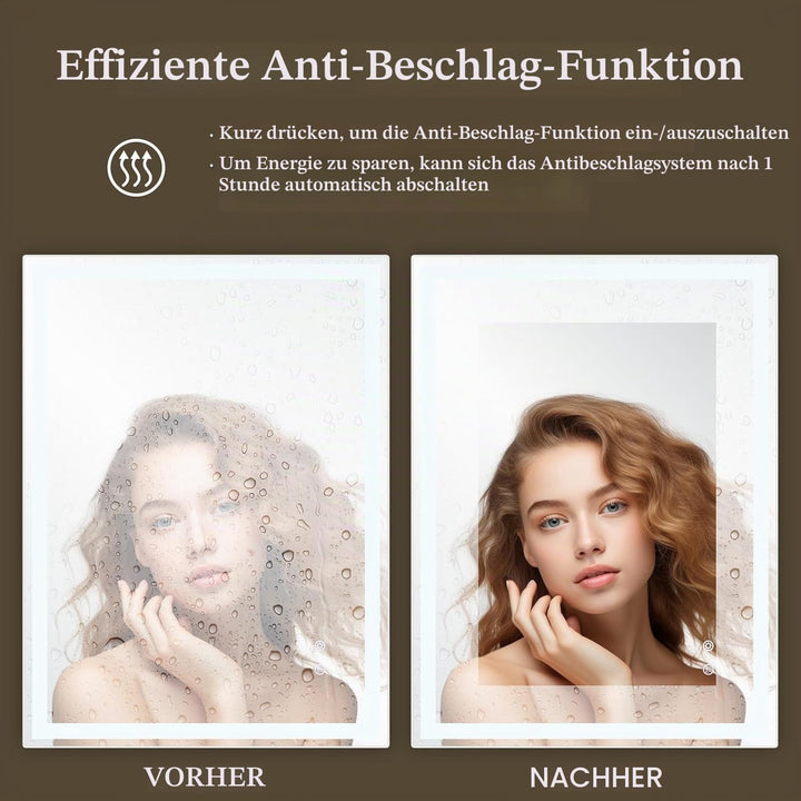 Clevich Rechteckiger LED Badspiegel mit Beleuchtung 80x60 cm, Anti-Beschlag | 3 Lichtfarben stufenlo
