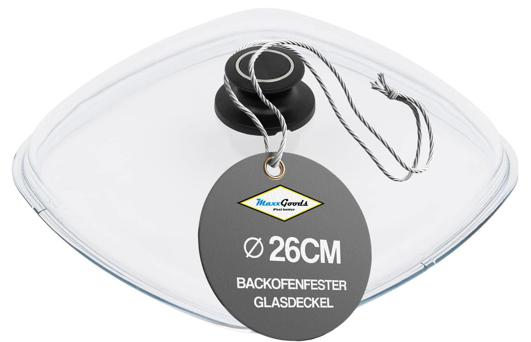 MaxxGoods Simax Glasdeckel Ø 26x26 cm mit Knopf & Backofenfest | automatisches Entlüftungsventil | H