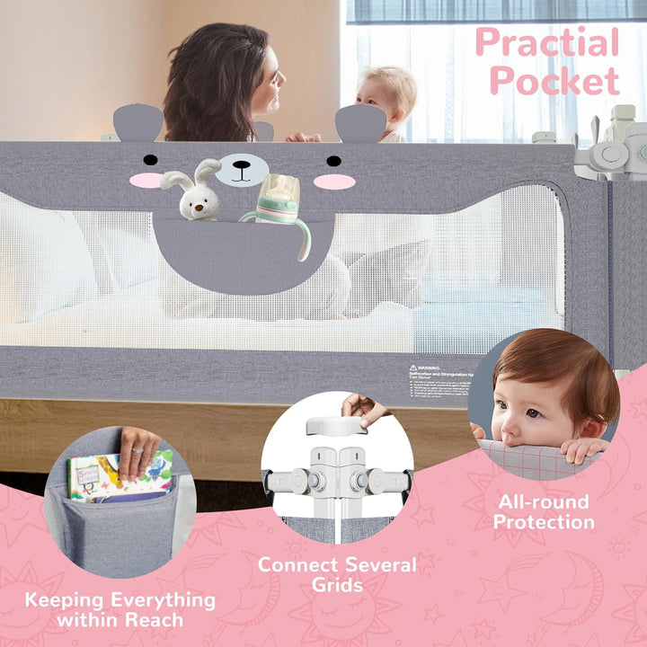 Bettgitter Kinder 200cm mit Bärenmotiv, Höhenverstellbarer Rausfallschutz Bett, Bettschutzgitter für