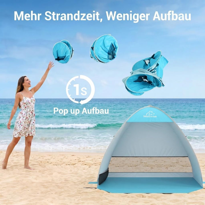 Wolfwise Strandmuschel Pop Up, Strandzelt mit UV-Schutz 50+, Sekundenschneller Aufbau, Wasserabweise