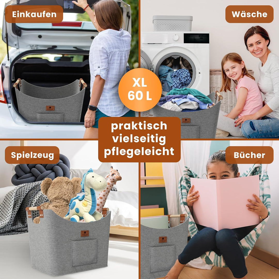 BLACK OAK Montana XL 60L Filzkorb &amp; Holzkorb für Kaminholz - Leder Applikation + rutschfeste Griffe