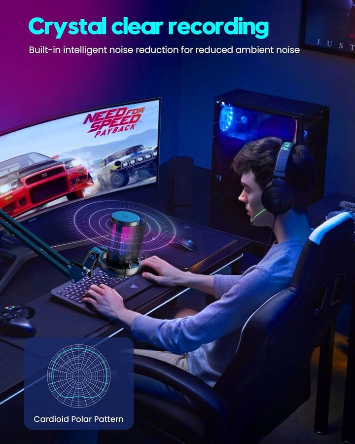 Gaming Mikrofon Mit Arm - RGB Podcast Mikrofon für PC, Streaming, PS4/PS5/MAC - USB Microphone