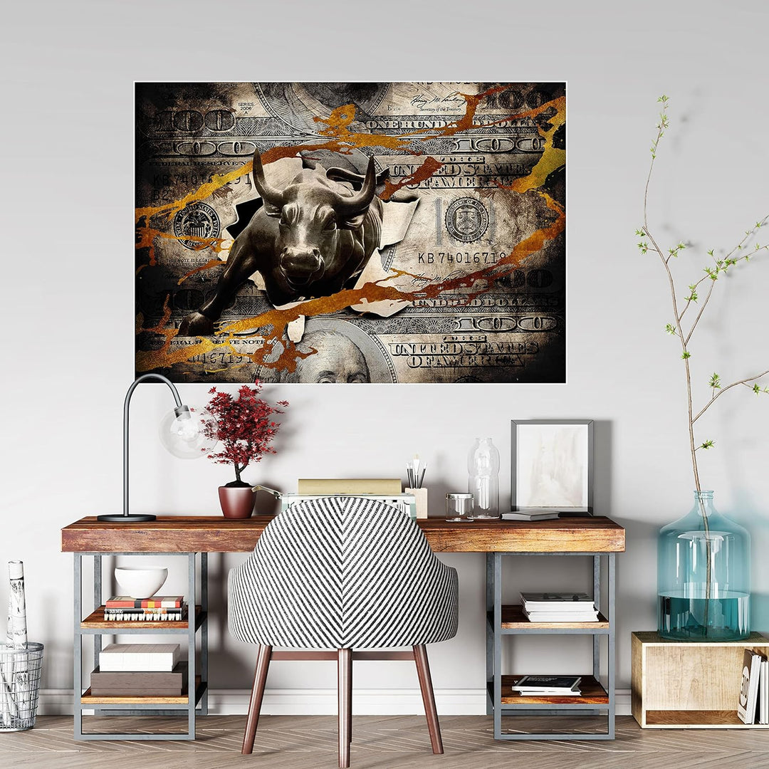 wandmotiv24 Poster als Wanddeko, Grösse 100x70cm, Stier stürmt durch Geldschein, Dollar, Geld, Tier,