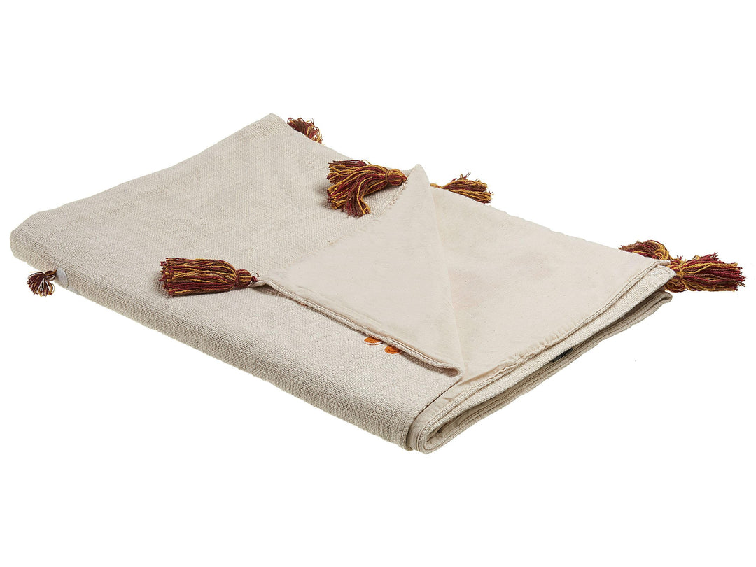 Deko Decke Baumwolle beige/orange mit Lama-Motiv Quasten 130x180 cm Khandwa