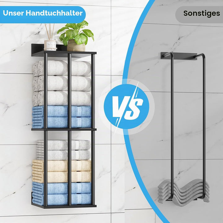 Handtuchhalter für Badezimmer Wandmontage mit Holzbrett - Grosse Kapazität Schwarz Robuster Aufbewah