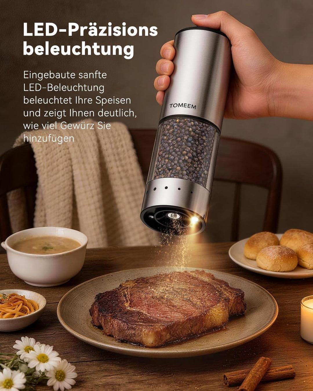 TOMEEM Elektrisches Salz- und Pfeffermühlen-Set, Type-C wiederaufladbar, LED-Akkuanzeige, Edelstahl-