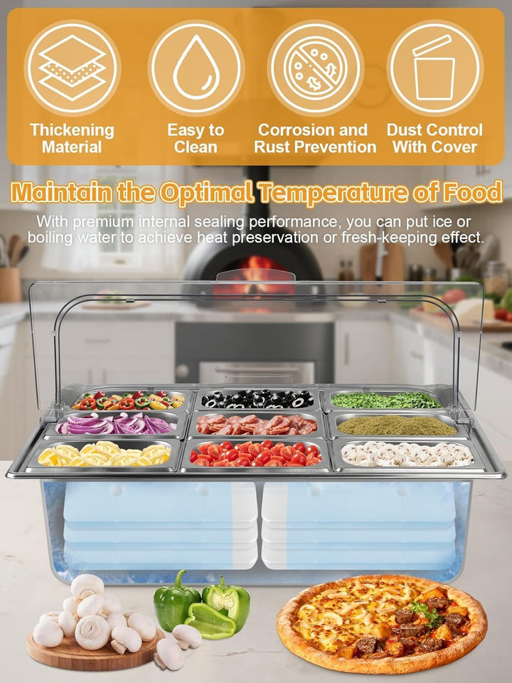 TOROKOM 10 Pfannen Edelstahl Zutatenbehälter Gewürz Organizer aus Edelstahl Salatbar Buffet Station