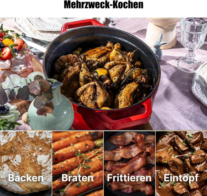 Emaillierter Gusseisentopf mit lid und breiten Griffen – Stylistisches Aussehen Ovaler Schmortopf um