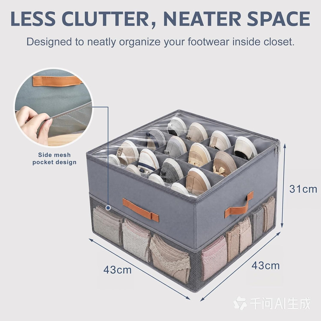 Schuhorganizer, Schuh-Organizer für Closet für 16Paar mit Unterteilungen und Deckel, Grosser Faltbar