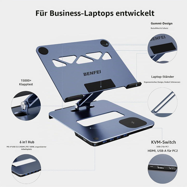 BENFEI Aluminium Laptop Ständer mit USB C 6in1 Dockingstation,15W Mag-Safe Ladegerät Magnetisches, U