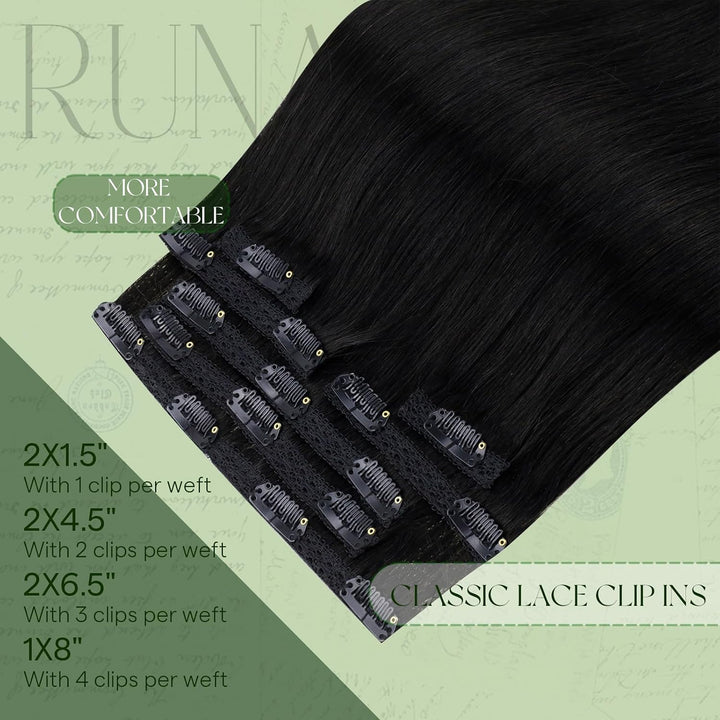 RUNATURE Schwarze Clip in Extensions Echthaar 45cm 7Pcs Echthaar Extensions Clip Glatt Clip Extensio