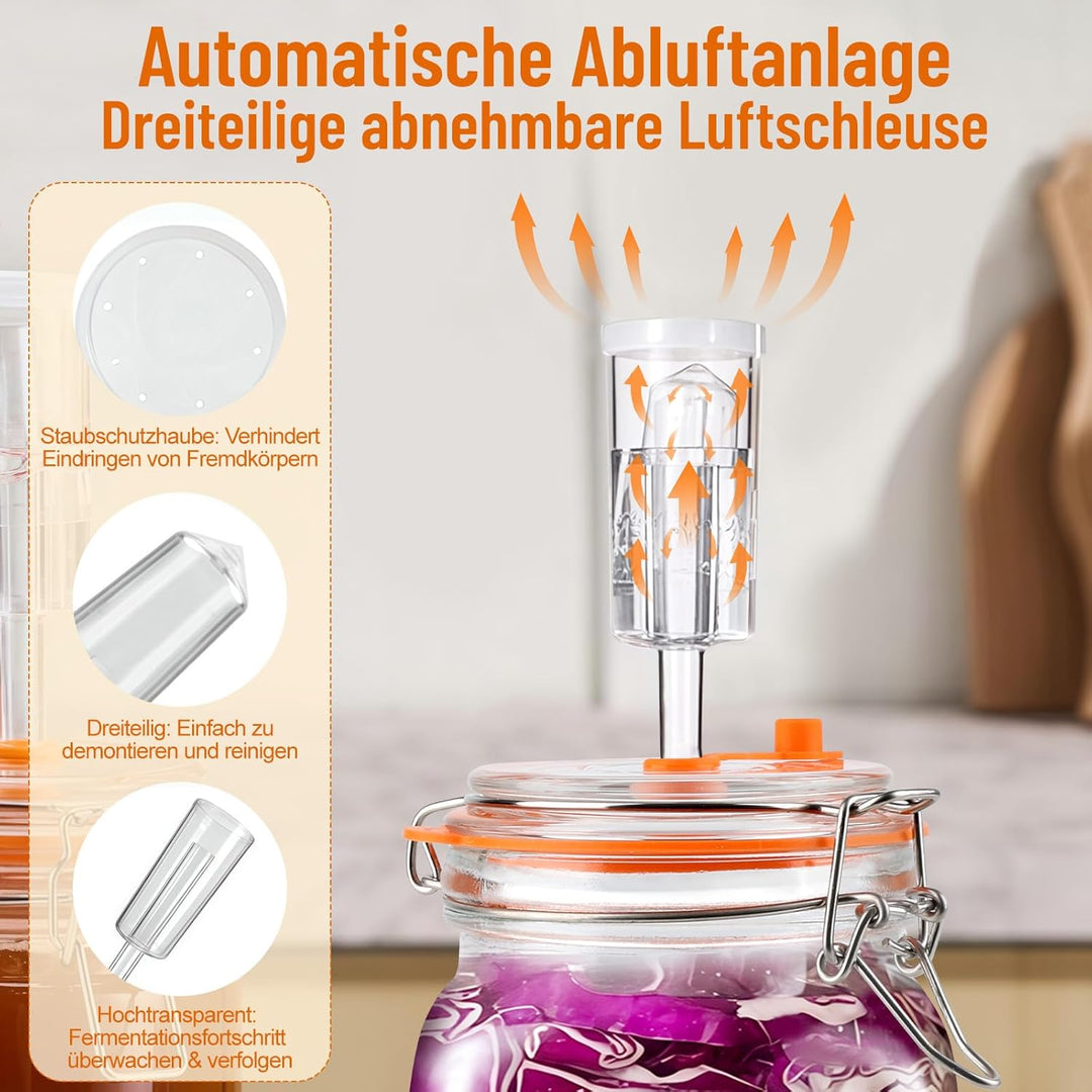 Fermentierglas 2 Stück 1.5L, Fermentationsglas mit Gärventi & Gewicht, Kimchi Behälter, Gärglas für