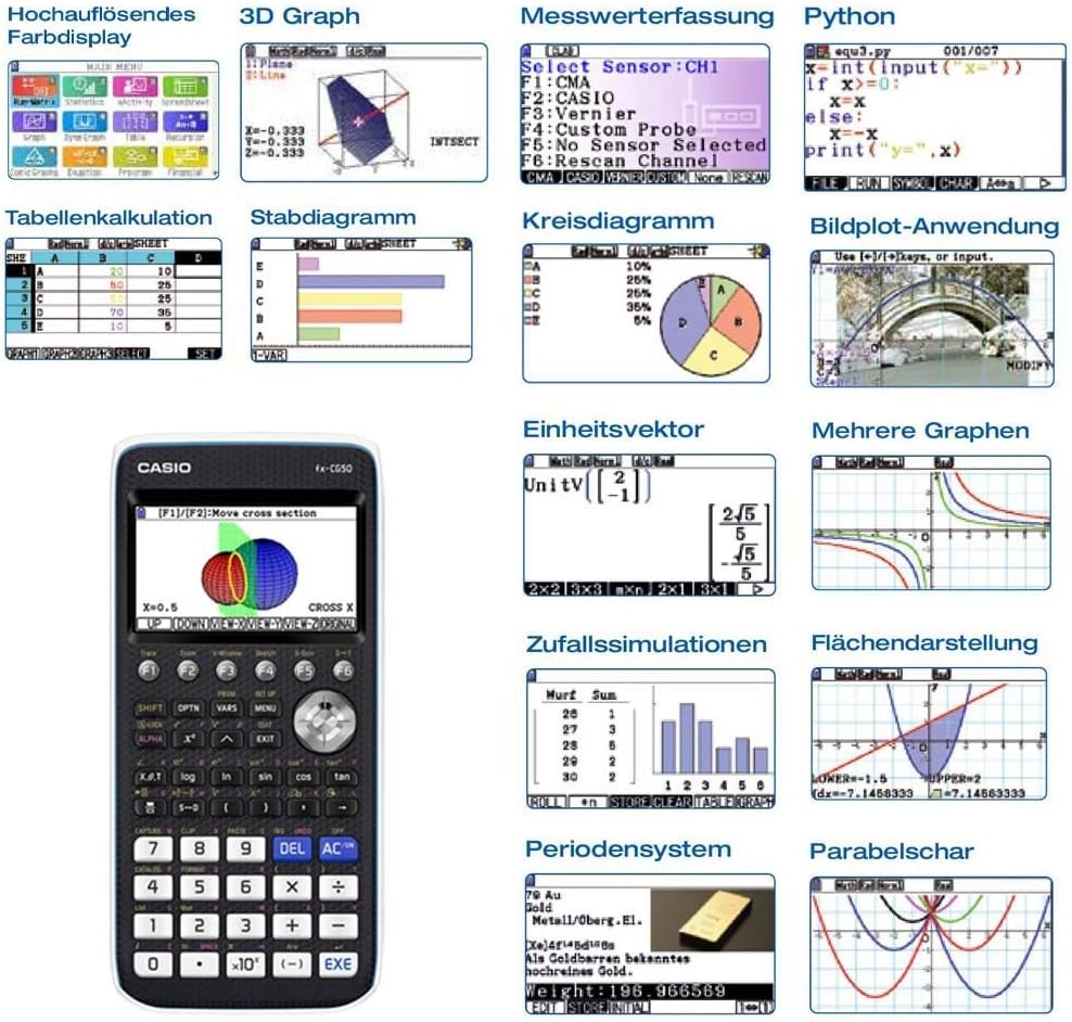 Casio FX-CG50 Grafikrechner mit hochauflösendem Farbdisplay, deutsche Menüführung DE Version, DE Ver