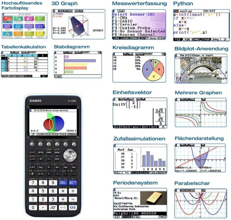 Casio FX-CG50 Grafikrechner mit hochauflösendem Farbdisplay, deutsche Menüführung DE Version, DE Ver