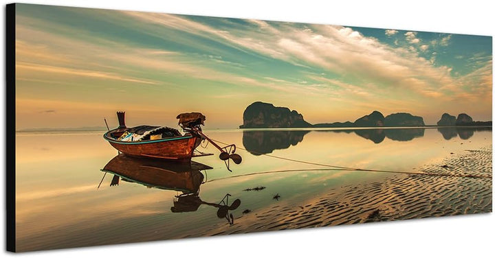 Paul Sinus Art Panoramabild auf Leinwand und Keilrahmen 150x50cm Strand Meer Boot Felsen Wolken Spie