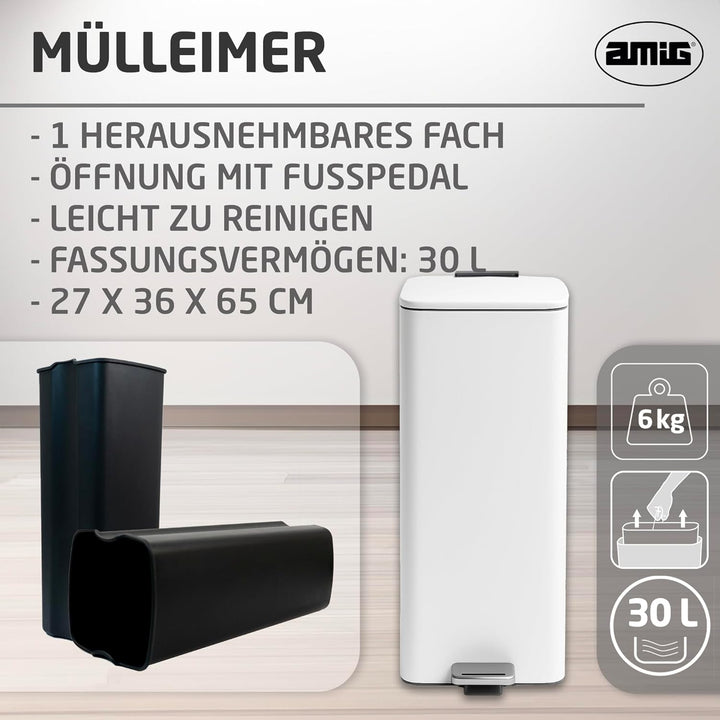 Amig - Mülleimer mit Pedal 30Liter - hygienische progressive Öffnung - für Haushaltsgebrauch - 27 x