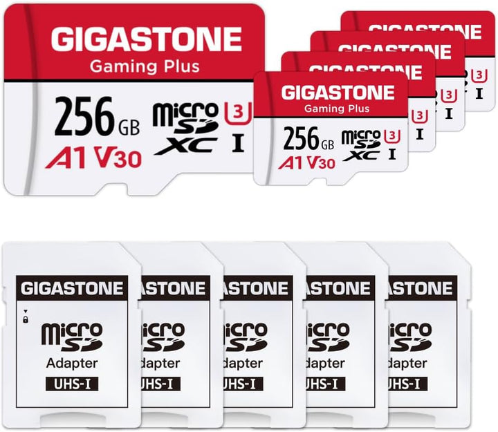 Gigastone Gaming Plus Micro SD Karte 256GB 5er-Pack und SD Adapter, Kompatibel mit Switch, SD Karte