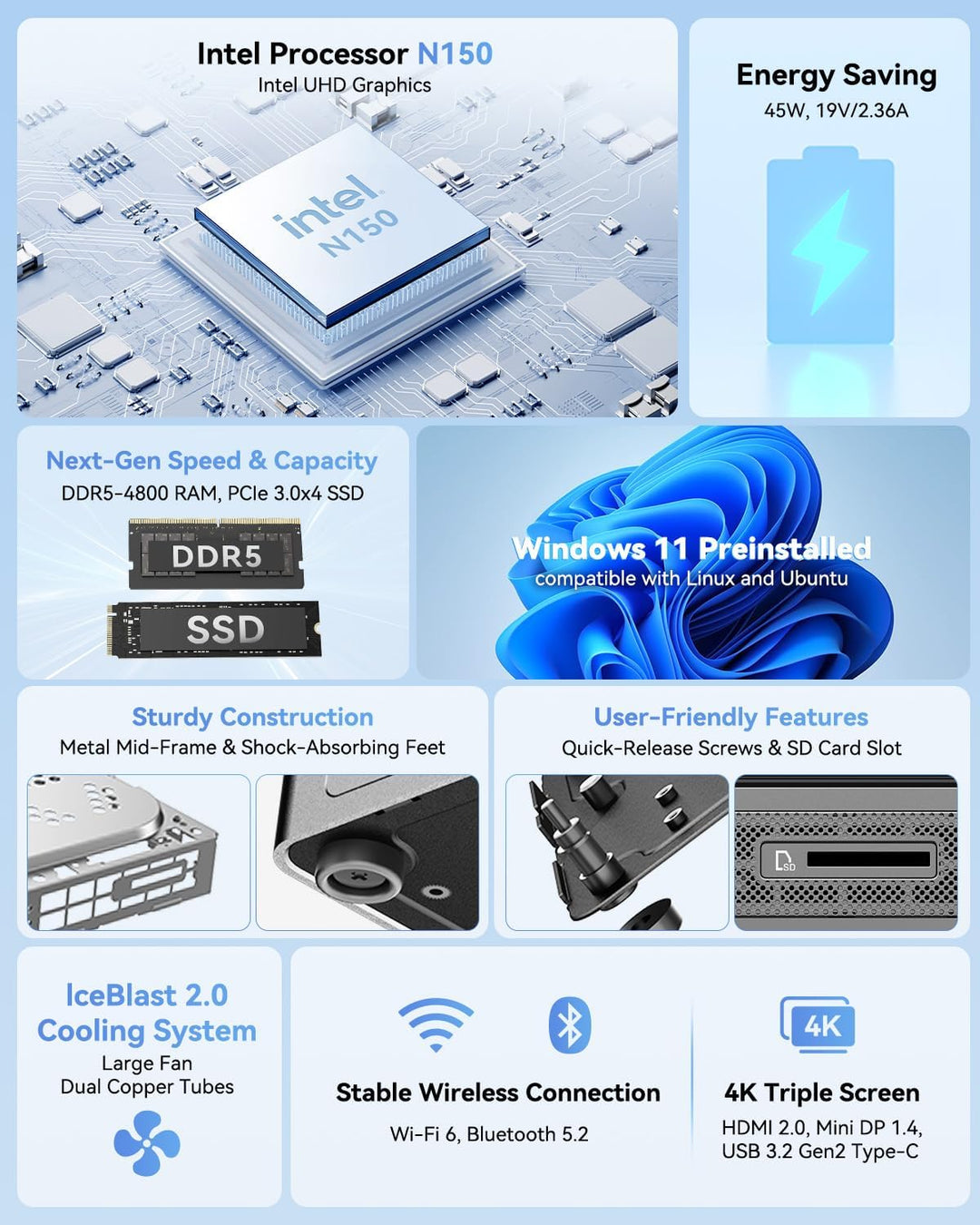 GEEKOM Mini PC Air 12 mit Intel Twin Lake N150(bis zu 3,6 GHz), 16 GB DDR5 4800MHz RAM 512 GB PCIe 3