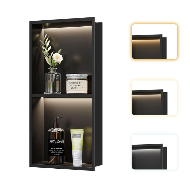 Wandnische Dusche Edelstahl mit LED-Licht, Eingebettete Duschnische mit Regal 60x30cm mit Farbtemper