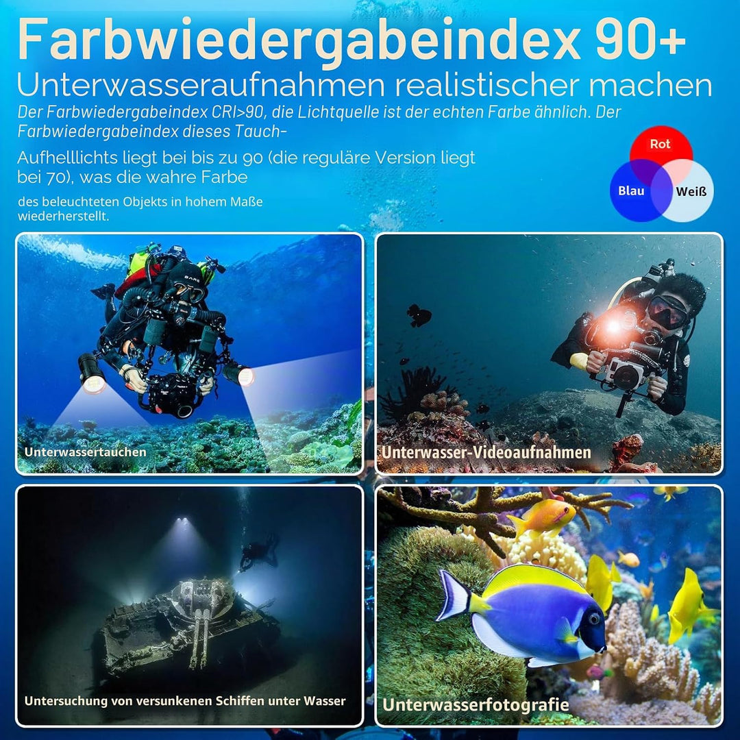 B24 Tauchen Taschenlampe,9000 Lumens Super Bright Underwater 80m Video Light, Scuba Dive Light, High