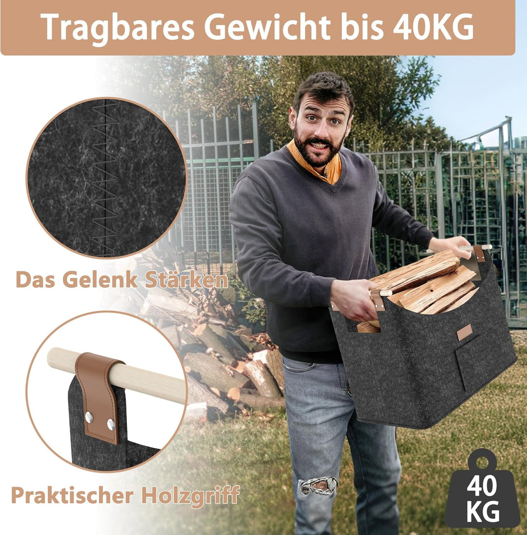 2X Feuerholzkorb mit Holzgriff Faltbare Kaminholzkorb mit Seitentaschen Filztasche für Holz Transpor