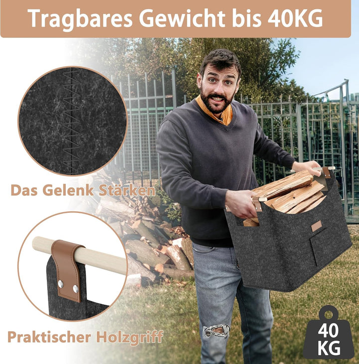 2X Feuerholzkorb mit Holzgriff Faltbare Kaminholzkorb mit Seitentaschen Filztasche für Holz Transpor